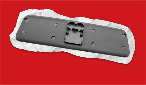 weathertech tailgate cushion and caddy with white crinkled paper-looking border on a red background