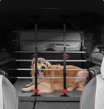 Golden retriever sitting in a vehicle with WeatherTech Pet Barrier installed.