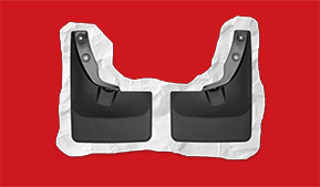 weathertech mudflaps with white crinkled paper-looking border on a red background