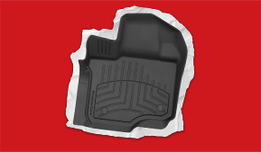 weathertech floorliner h p with a white crinkled-looking paper border on a red background