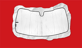 weathertech sunshade with white crinkled paper-looking border on red background