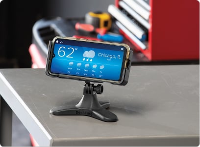 deskphone holding iphone horizontally in a garage