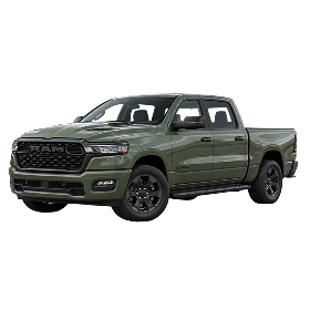 image of dark army green ram 1500 truck angled toward the left