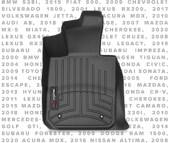 WeatherTech FloorLiner with make and model names in the background.